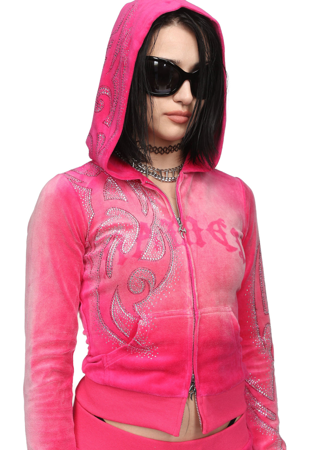 Sudadera con capucha de terciopelo con pedrería VISION, rosa intenso desgastado
