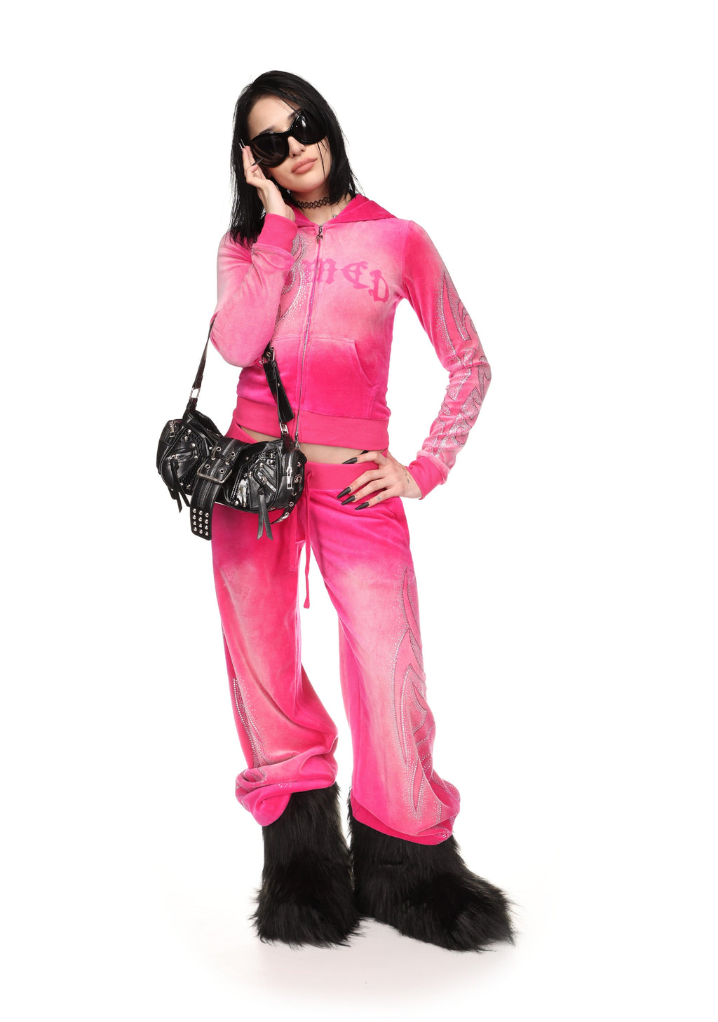Pantaloni della tuta in velluto con strass VISION rosa acceso slavato