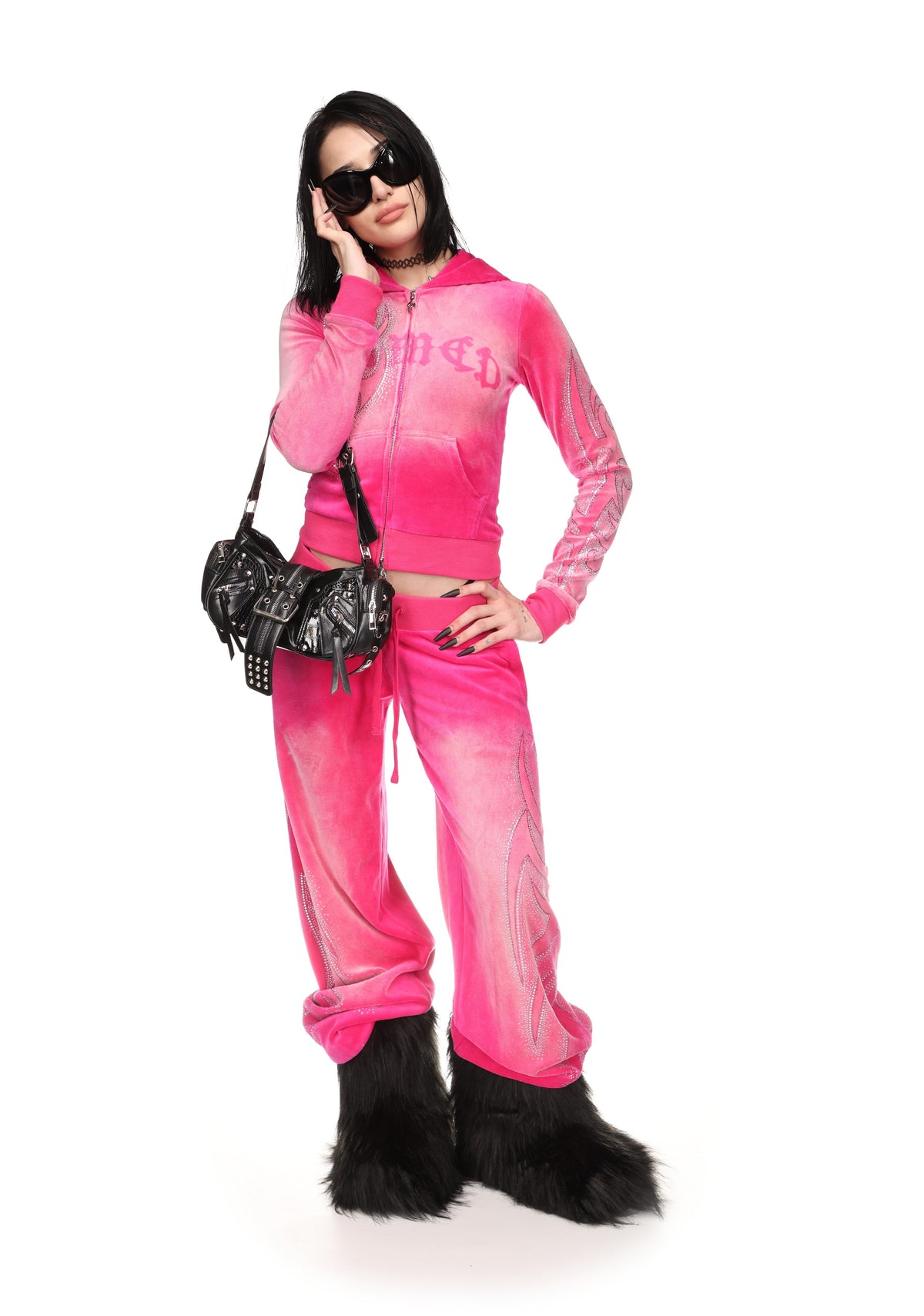 Pantaloni della tuta in velluto con strass VISION rosa acceso slavato