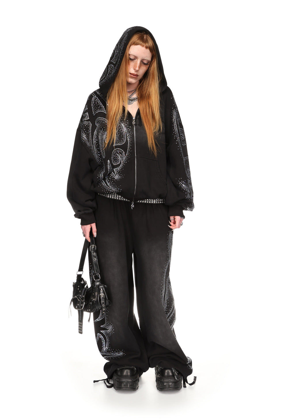 VISION - bluza z kapturem i zamkiem z kryształkami, sprana czarna