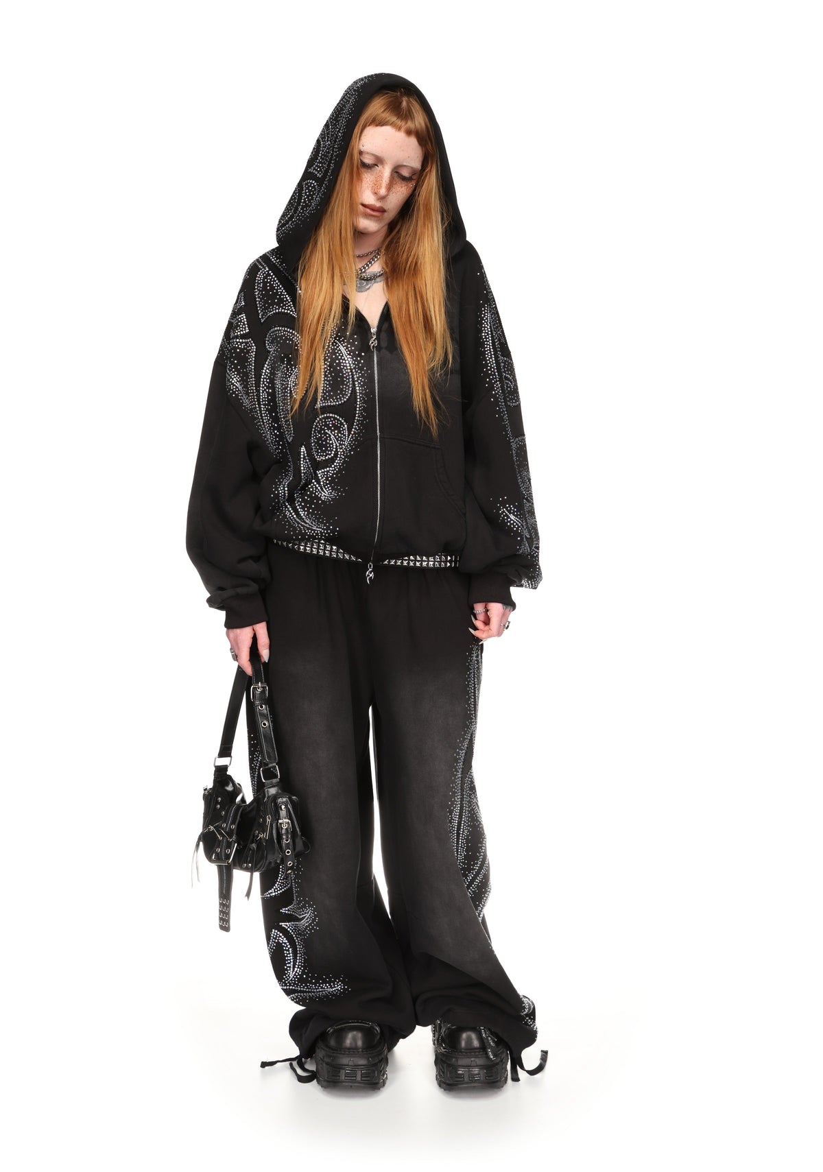 VISION RHINESTONE ZIP HOODIE WASHED BLACK