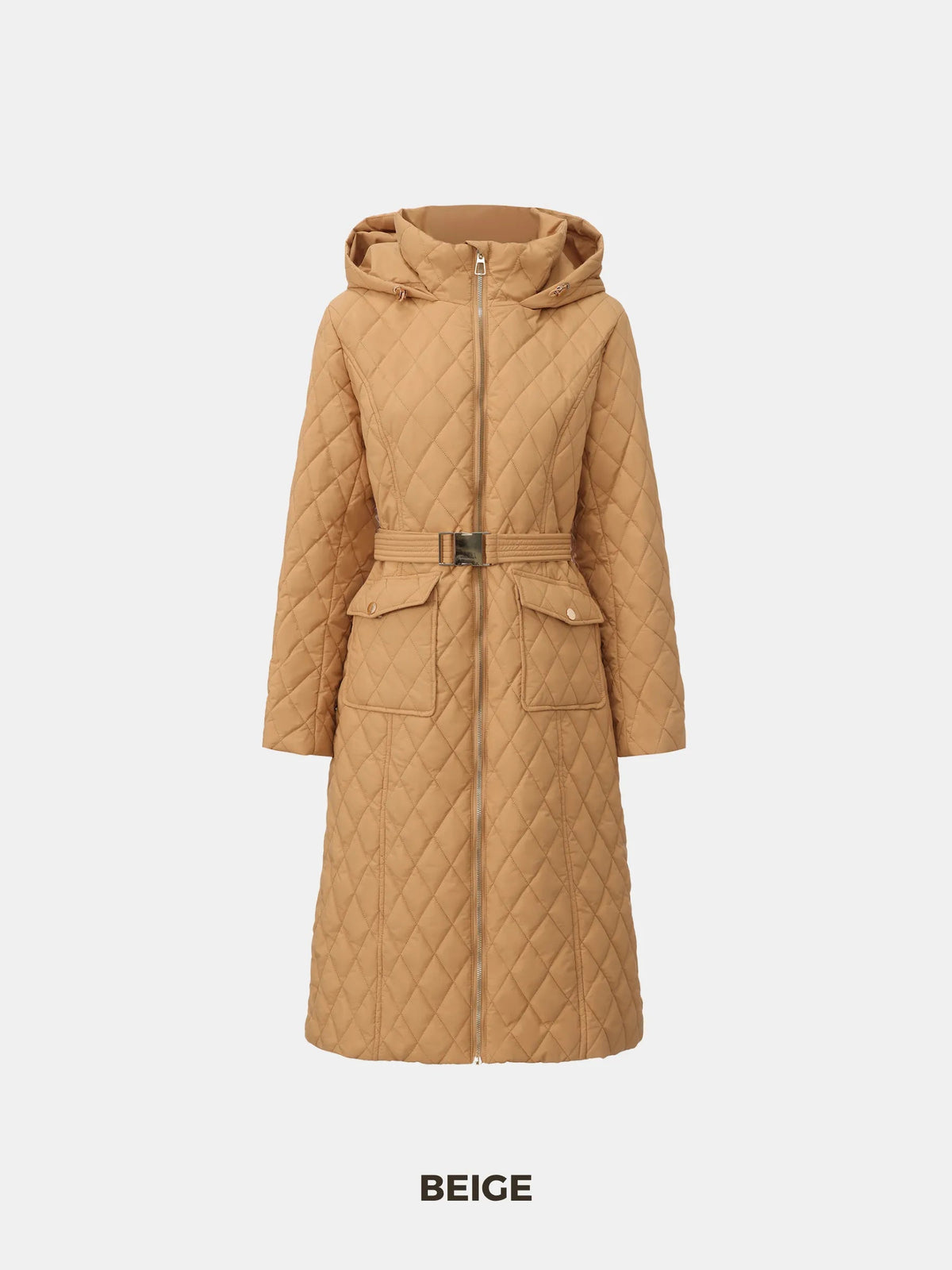 Long Dimond Quilted Belted Puffer