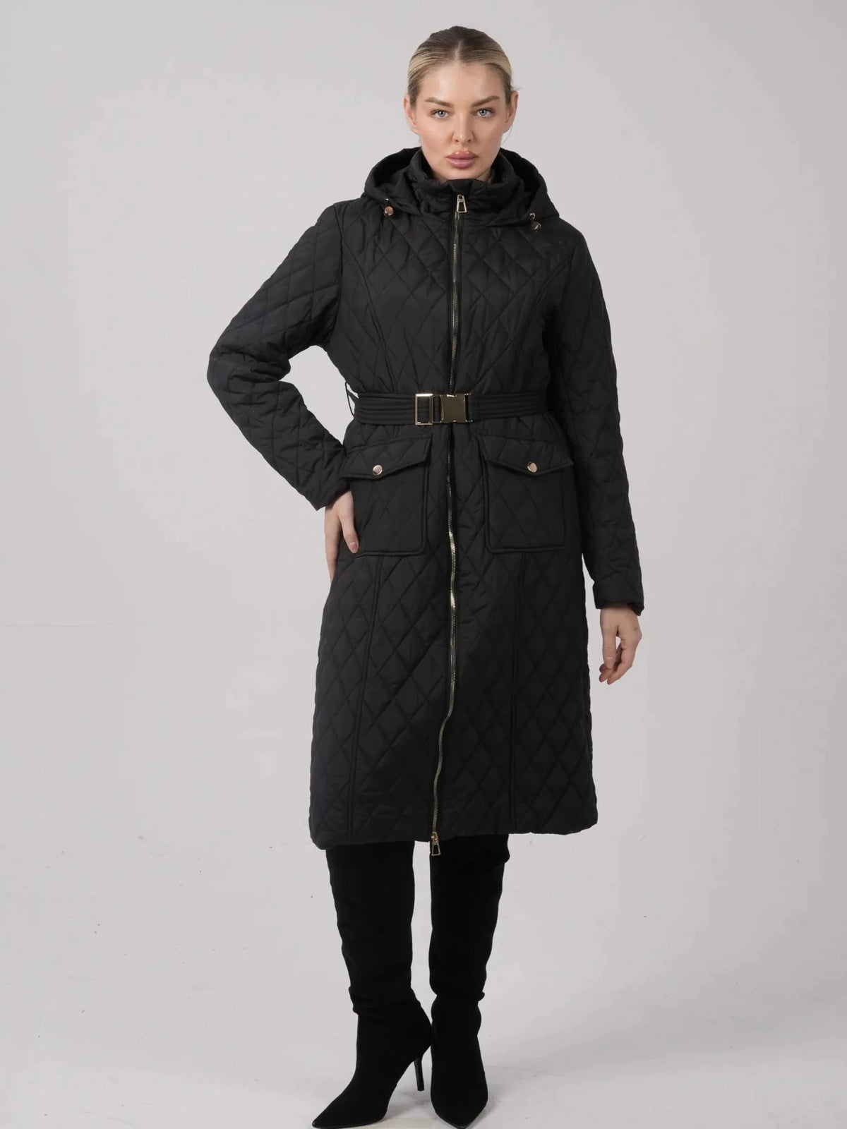 Long Dimond Quilted Belted Puffer