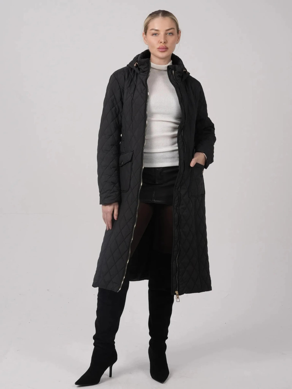 Long Dimond Quilted Belted Puffer
