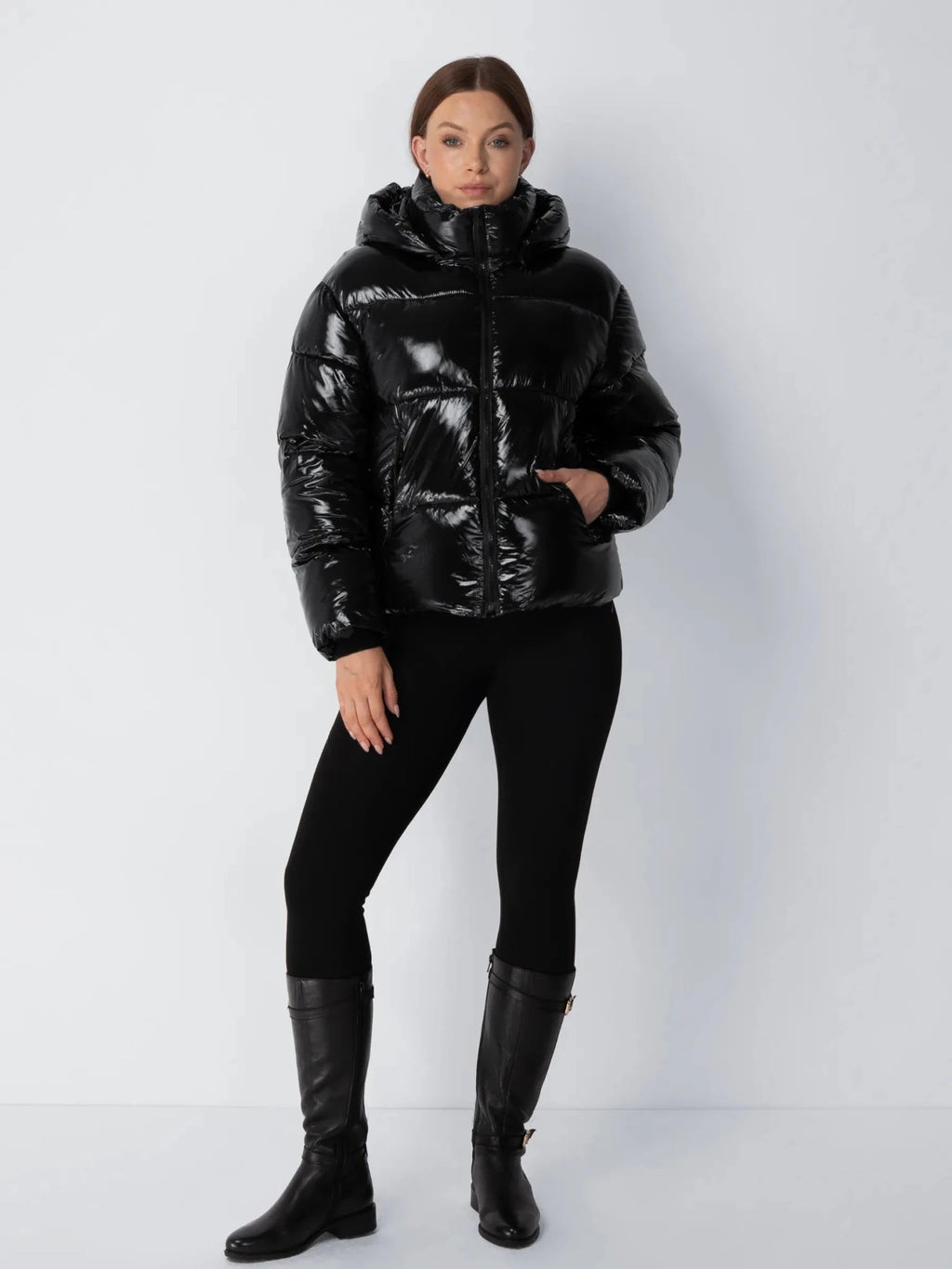 Shiny Black Detachable Hooded Puffer Jacket