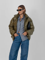 Shiny Green Detachable Hooded Puffer Jacket