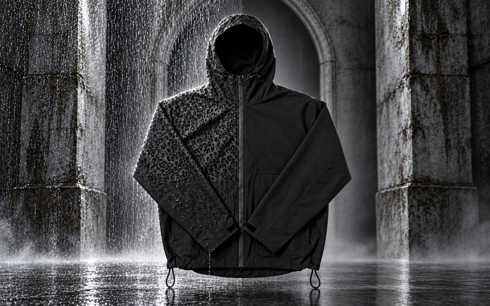 Dry and wet views of the water-reactive cheetah rain jacket